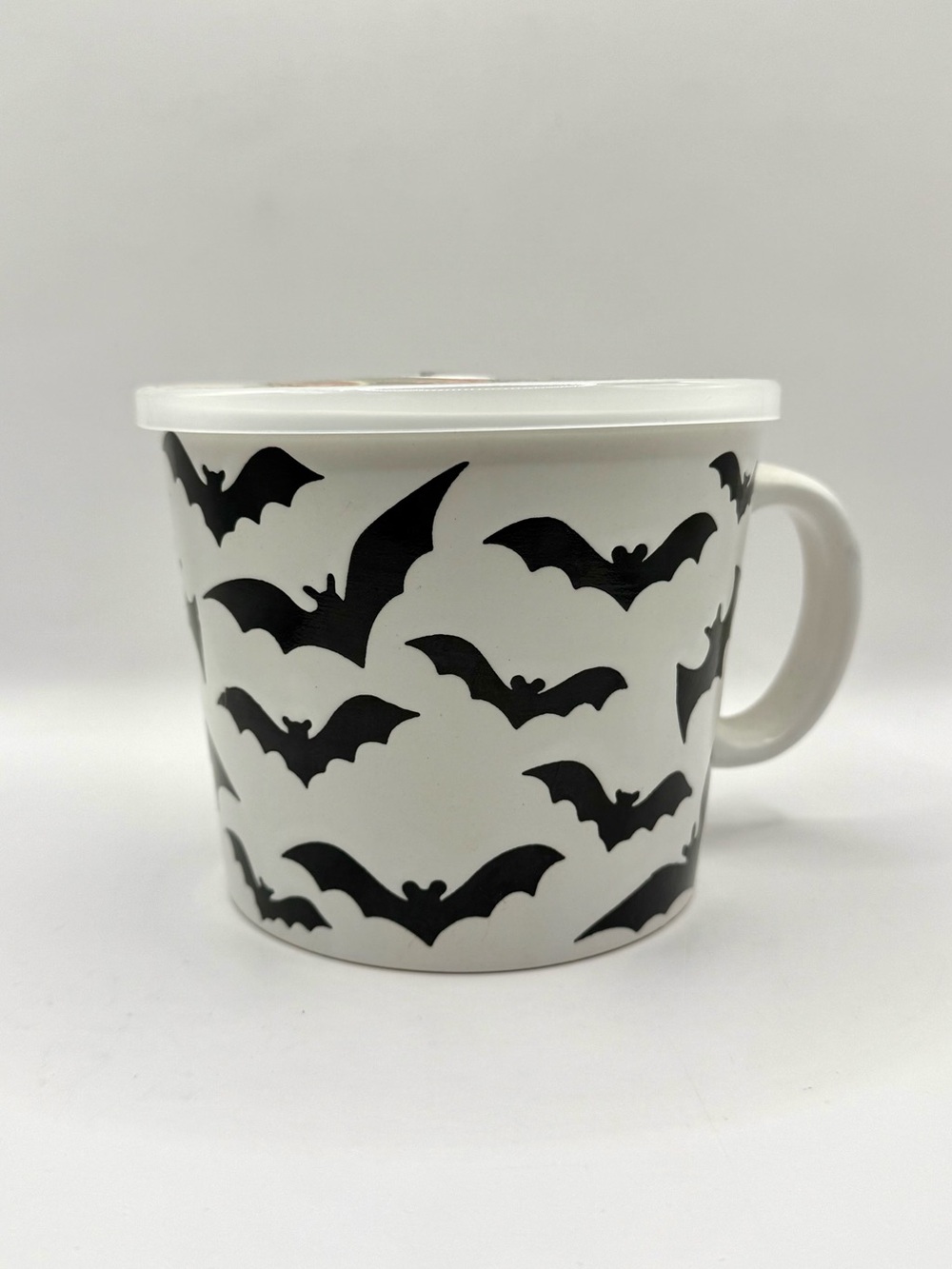 White Ceramic Soup Mug with Black Bat Pattern - Halloween